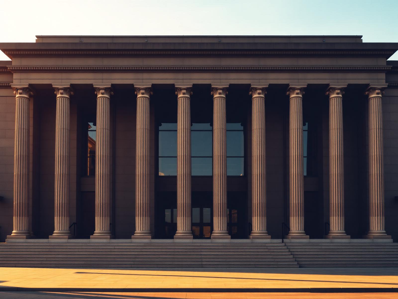 Classical courthouse columns at golden hour